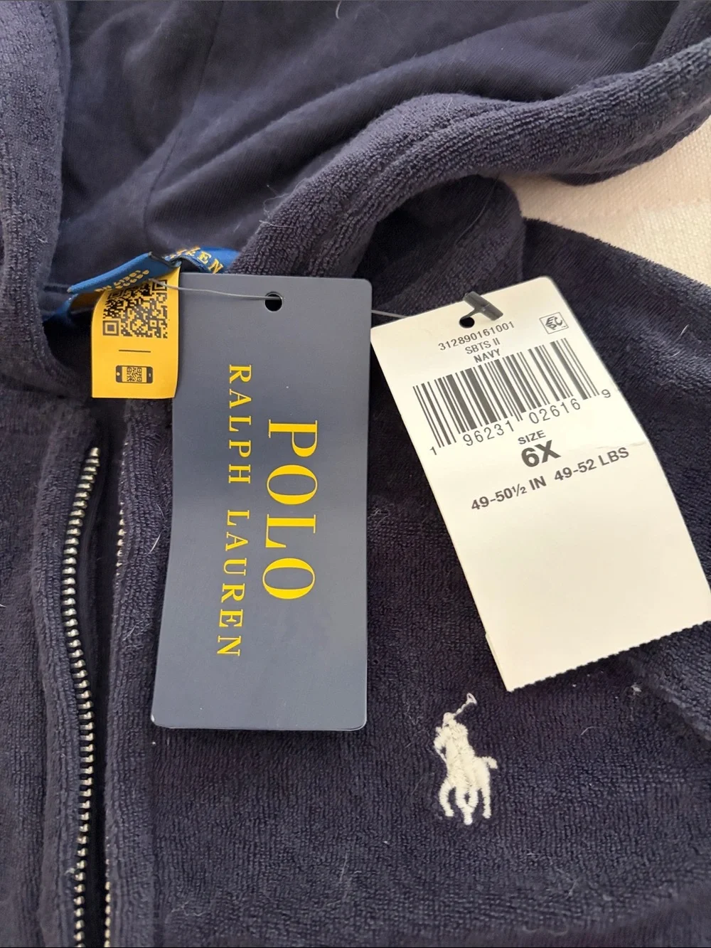 Ralph Lauren Navy Hooded Zip Terry Romper with White Drawstring